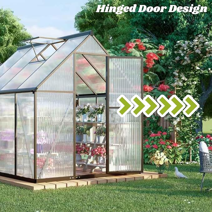 6x8 FT Greenhouse for Outdoors, Walk-in Greenhouse with Quick Setup Structure and Roof Vent, Aluminum Large Green House for Outside, Garden Backyard, Dark Gray