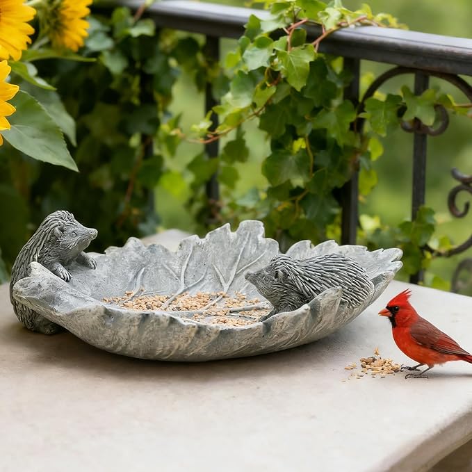 Bird Bath Bowl Hedgehog Statue Decorative Leaf for Gardeners Lovers Cement Small Birdfeeder Outside Concrete Outdoor Water Tray Patio Yard Balcony Deck Garden Decor Gift Women Mom