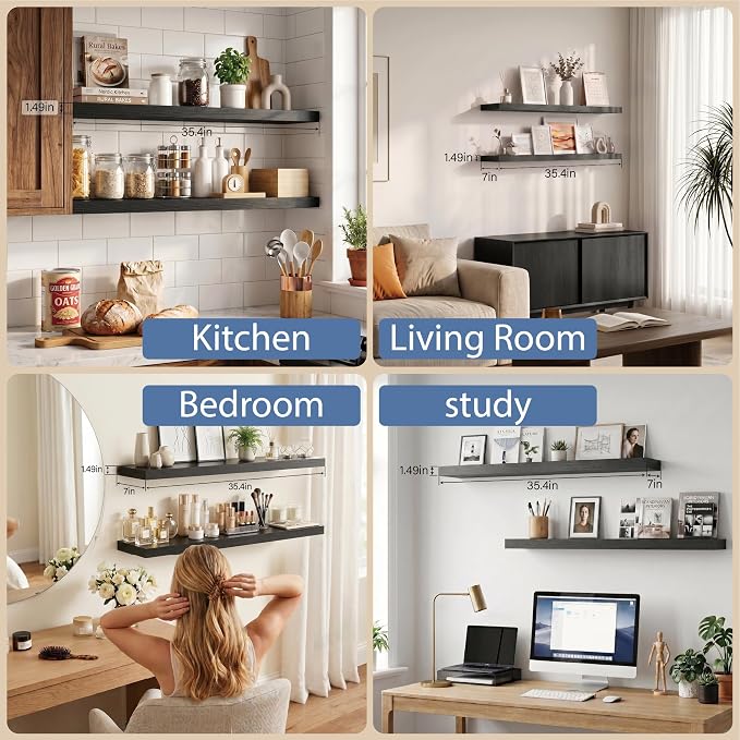 Black Modern Floating Wall Shelves, 36 Inch Bathroom Shelf Set of 2 | Long Shelf for Books, Wood Grain Finish, 33lbs Max Load, Hidden Brackets, Easy Install, Bedroom Living Room Decor Display