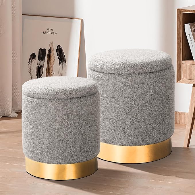 Round Ottoman with Storage Set of 2 Gray Teddy Vanity Stool
