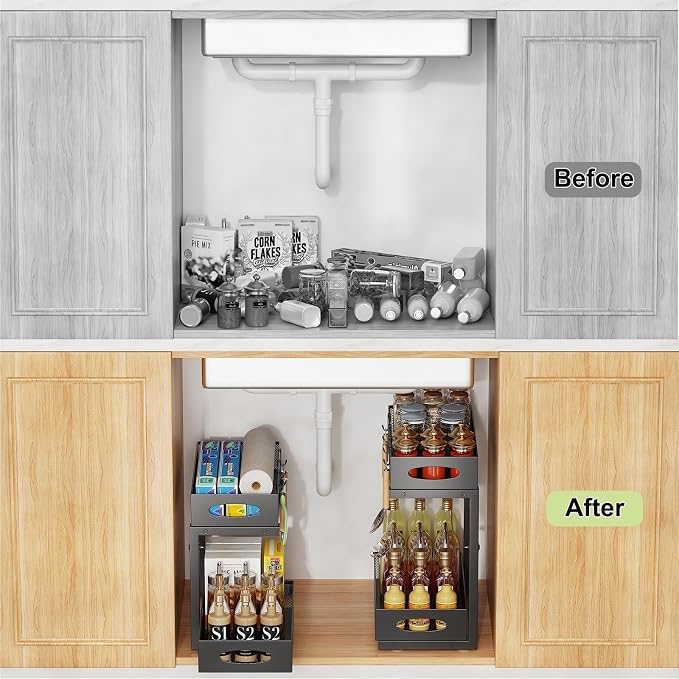 2-Pack Under Sink Organizer, 2-Tier Pull Out Cabinet Storage, Black