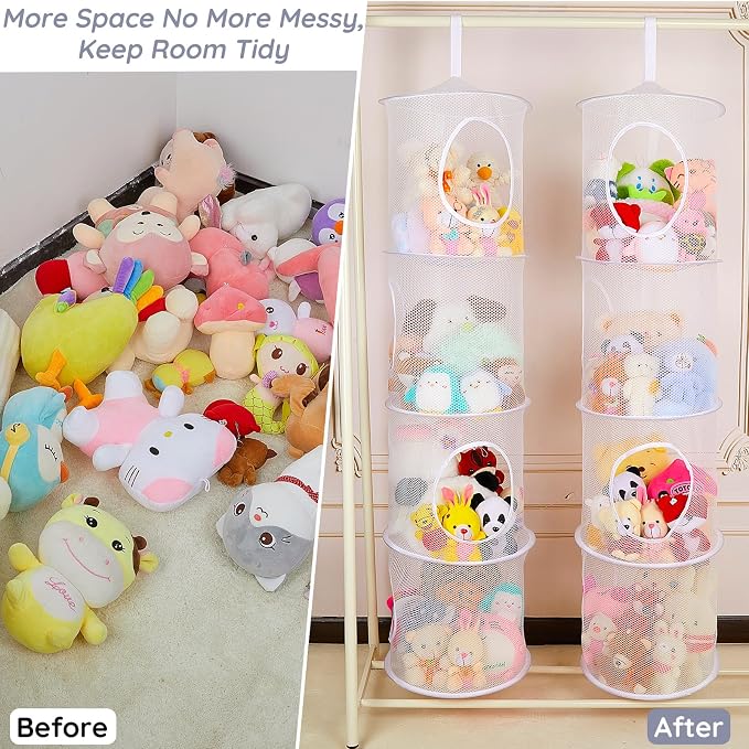 Basumee Hanging Stuffed Animals Storage, 2 Pack Mesh Plush Storage, 4-Tier