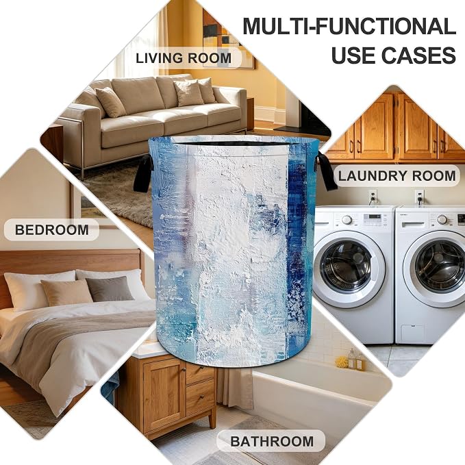 Abstract Blue Laundry Basket Collapsible Oxford Laundry Hamper Clothes Storage Bin with Handles for Bedroom Bathroom Laundry Room 19.6 x 15.7 Inches