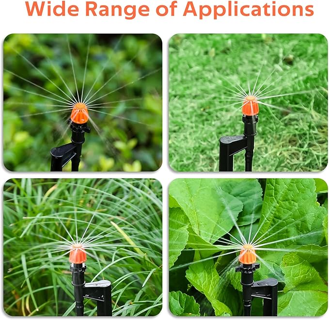 360 Degree Irrigation Sprinkler Heads: Micro Sprinkler Nozzle on 12 Inch Stake with 1/4" Tubing - Drip Spray Emitters for Garden Irrigation System (20 Pack)