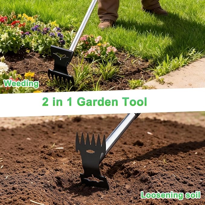 Weed Puller Tool with Long Handle,Adjustable Long Manual Weeder Remover Tool,2 in 1 Hand Weed Rake and Garden Hoe for Gardening, Uprooting Weeding Tool for Yard, Lawn, Patio, Garden