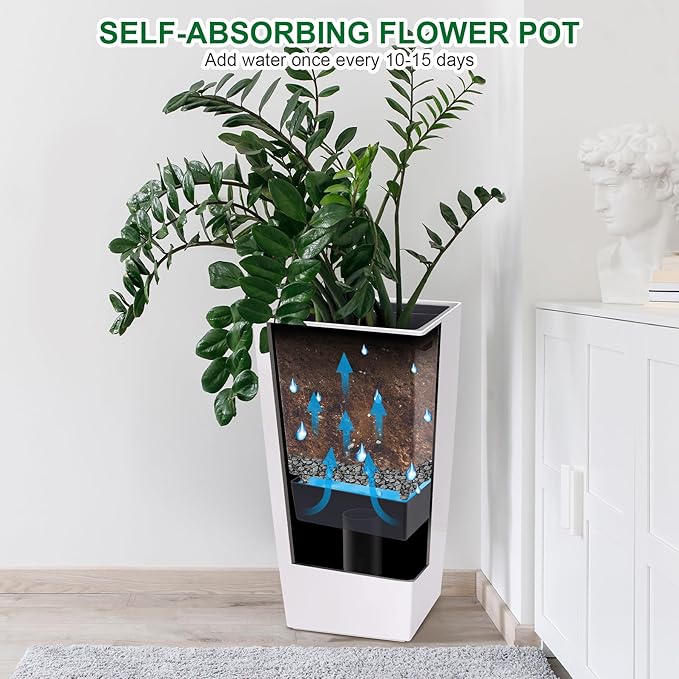 30 Inch Tall Self Watering Planters for Patio, Set of 2 Large Square PP Plastic Planters with Water Reservoir, Modern Floor Standing Self-Watering Pots for Indoor Outdoor Home Garden Decor, Black