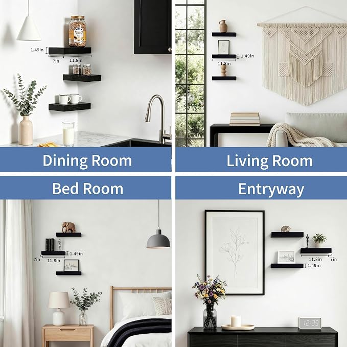 Black Floating Shelves for Bathroom, 12 Inch Small Shelves Set of 3 | Wall Mounted Floating Shelves, 33lbs Max Load, Hidden Brackets, Easy Install, Bedroom Living Room Decor Display Storage