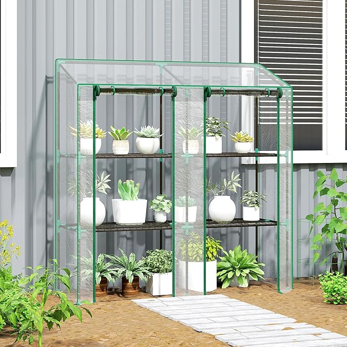 Outsunny Lean-to Mini Greenhouse with 3 Tier Shelves, Portable Green House with 2 Roll-up Doors, Garden Plant Grow Hot House for Indoor Outdoor, 56.3"x18.1"x59.4", Clear