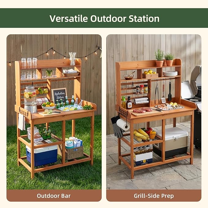OOOK Potting Bench, Nordic Scots Pine Potting Table with Sliding Tabletop, Removable Sink, Workstation for Outside Patio Lawn, Wooden Garden Work Station