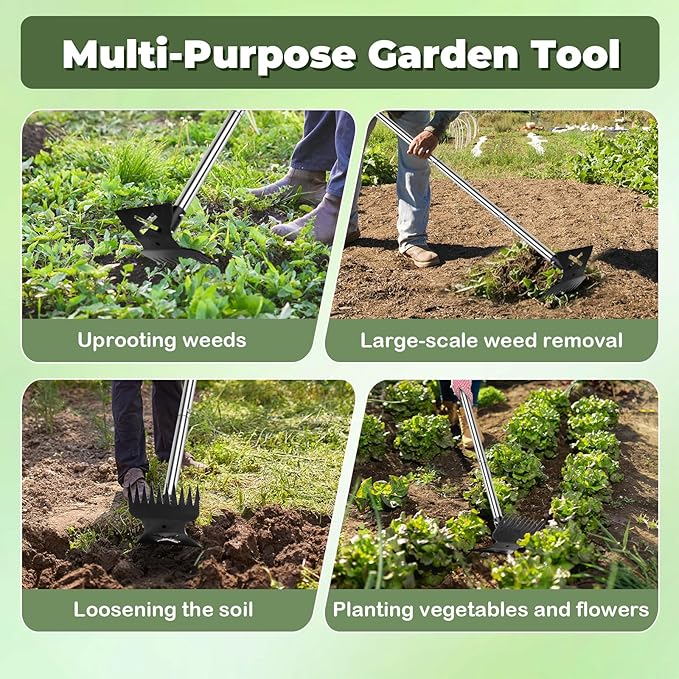NICOFPHY Weed Puller Tool with Long Handle Pro, 2 in 1 Gardening Weeding Rake and Garden Hoe for Uprooting Grass Gardenia Dandelion, 57" Manual Weeder Weed Pulling Tool for Garden, Yard and Lawn