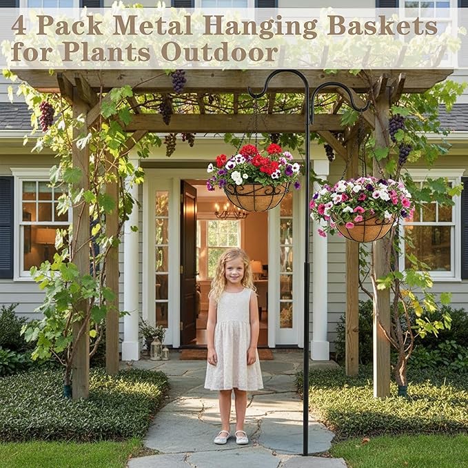EIMQUVW 4 Pack Outdoor Patio Hanging Baskets 12 Inch Chain Link Round Metal Hanging Planters with Coco Liner Wire Flower Pots Suitable for Balconies Porches Gardens and Windowsills