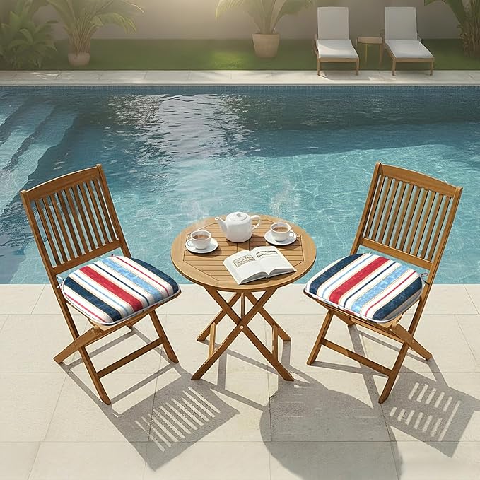 DYTXIII Set of 4 Outdoor Chair Cushions with Ties,Water Repellent Patio Chair Pads 17"x 16" for Outdoor Furniture,Round Corner Seat Cushions for Garden Yard Kitchen Stripe Red Blue