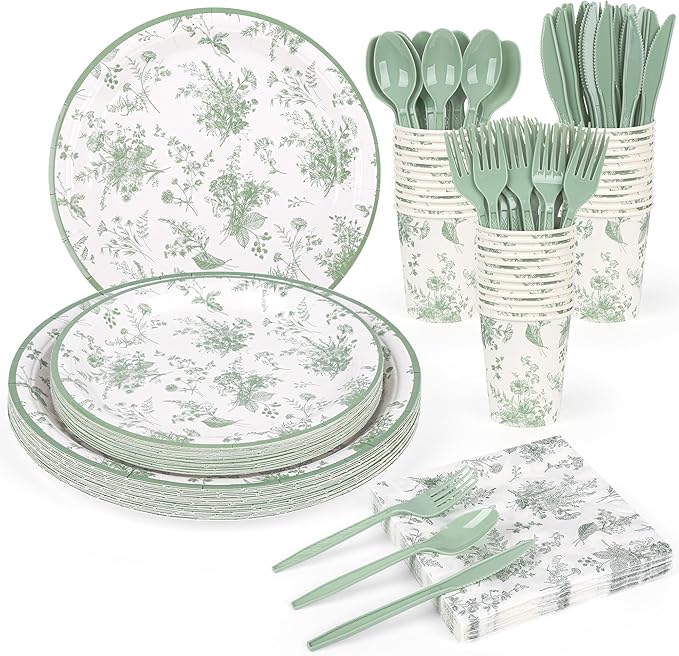 175Pcs Sage Green Floral Paper Plates and Napkins Sage White Flower Arrangements Toile Chinoiserie Party Supplies Set for Spring Summer Bridal Baby Shower Birthday Garden Tea Party