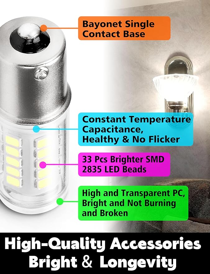 1156 BA15S LED Bulbs 12-24V, 1141 1003 7506 6000K Daylight White, Low Voltage Bayonet Single Contact, 5W 500LM Replacement For RV Landscape Interior Lights Camper Marine Boat Trailer Lights, 4Pack