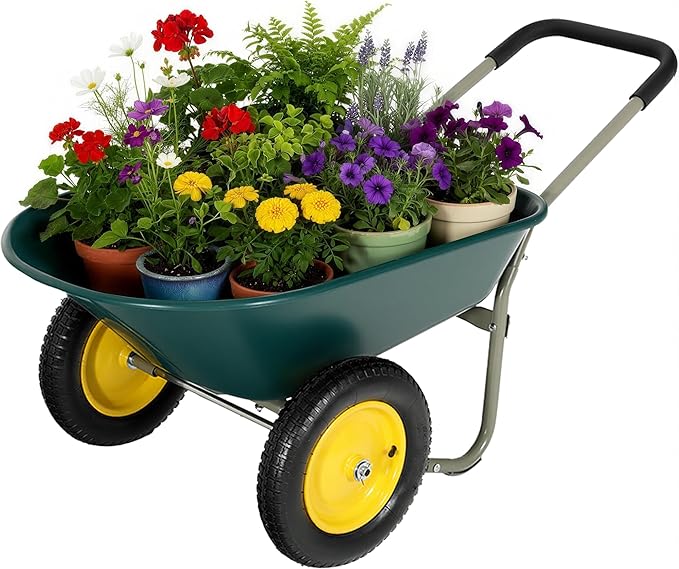 2 Wheel Wheelbarrow, Dual-Wheel Garden Dump Cart with 13" Non-Slip Pneumatic Tires & Ergonomic Padded Handle, Heavy-Duty Home Utility Yard Cart Wagon with 4.5 Cu Ft Capacity for Lawn, Gardening