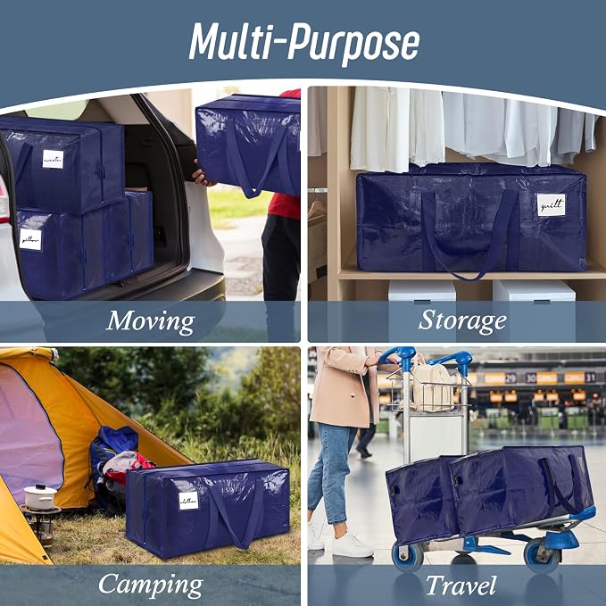 6 Pack Extra Heavy Duty Large Moving Bags with Strong Zipper, Dark Blue | Comfortable Handles, Sturdy & Durable Clothes Storage Bags Totes Bins, Blue Packing Moving Boxes for College Supplies