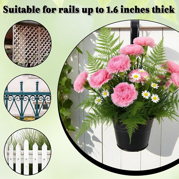 10 Pack Hanging Flower Pots, Metal Iron Bucket Planter, 4 Inches Railing Planter, Hanging Planters Flower Holder with Detachable Hook for Railing Fence Balcony Garden Home Decoration (Black)