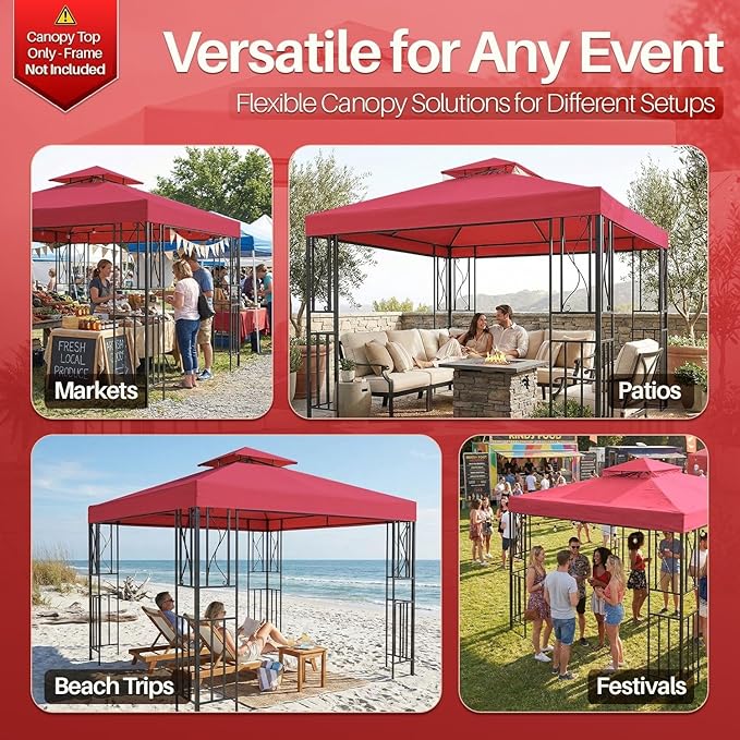Flexzion Gazebo Cover Replacement Canopy Top 10x10 Ft (3m x 3m) - Double Tier Top Canopy Cover Replacement with UV30+, Dirt, Water Resistant for Outdoor, Sunshade, Garden, Patio, Pavilion (Red)