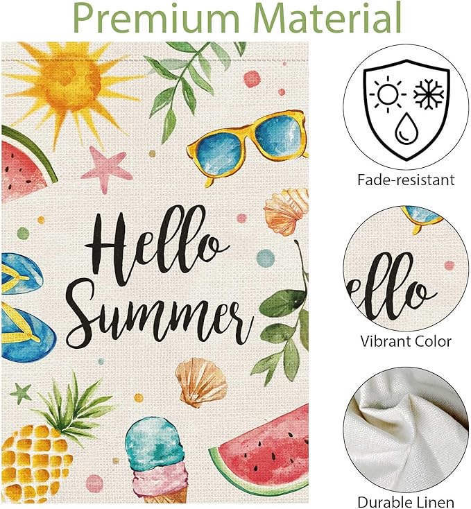 Hello Summer Garden Flag 12x18 Inch Double Sided Vertical, Small Burlap Colorful Sun Ice Cream Fruits Beach Sign Yard Outdoor Decoration