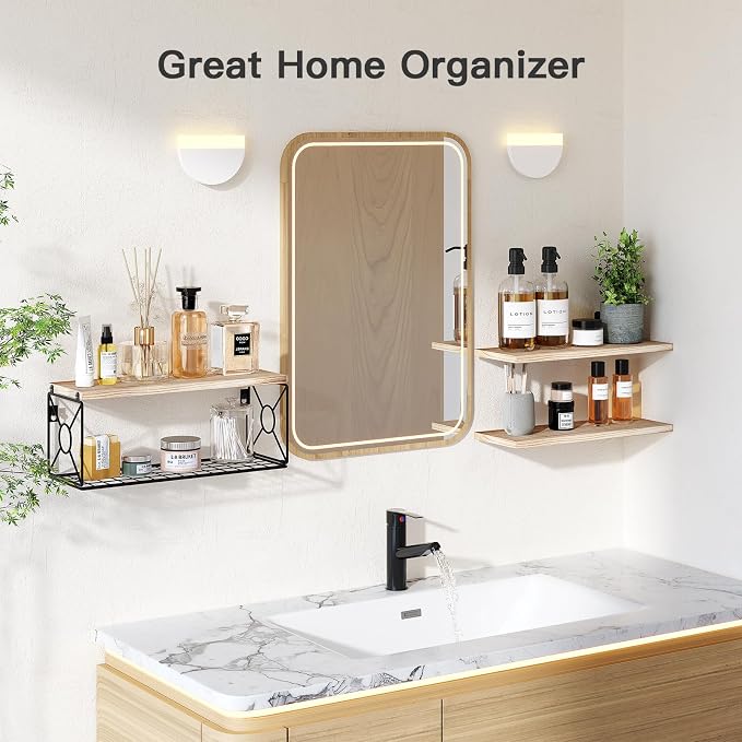 Amada Bathroom Shelves with Storage Basket, Set of 3, Natural Wood | Floating Wall Shelf for Home Organization & Wall Decor, 22 lbs Capacity per Shelf, Solid Paulownia Wood, DIY-Friendly Design