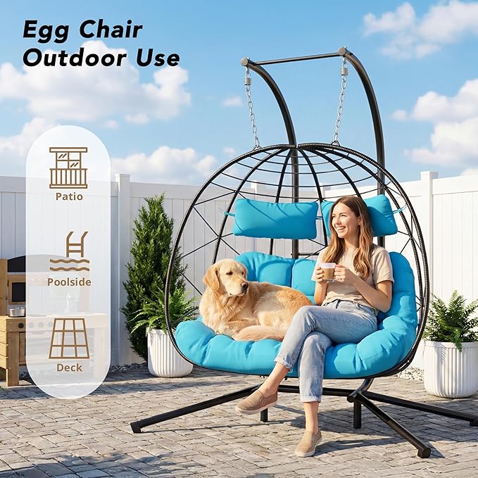 Easyego 2-Person Wicker Hanging Egg Chair with Stand- 700 lb Capacity, Indoor/Outdoor Double Egg Swing Hammock Chair for Patio, Garden, Porch, Living Room, Bedroom-Blue