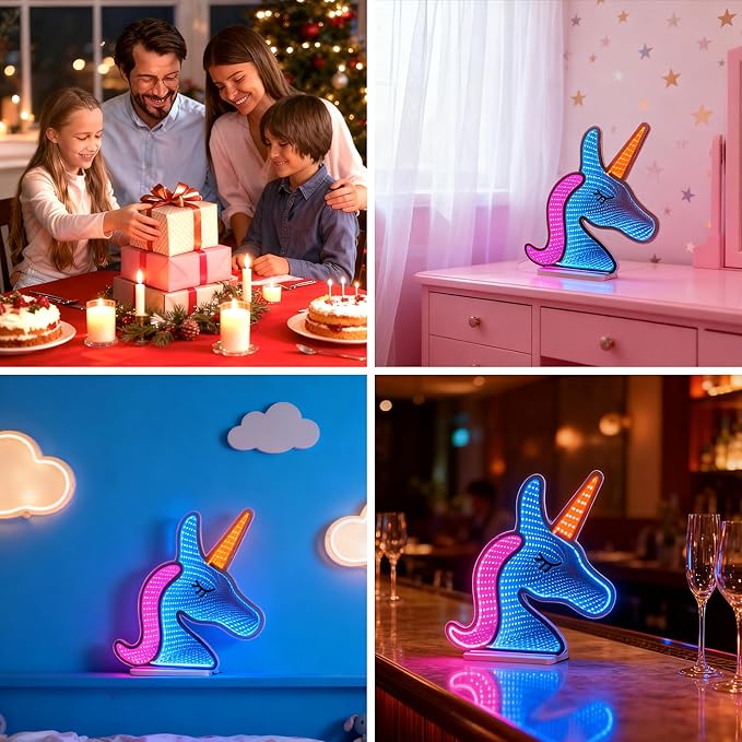 3D Unicorn Infinity Mirror Light, LED Infinity Mirror Night Light with Magical Endless Effect, USB Powered 3D LED Lights for Girls Bedroom & Kids Playroom, Gift for Kids Teens, 12"x11.9"