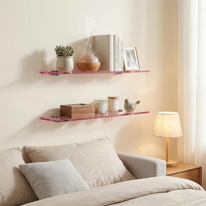 iobiotio Cute Pink Floating Shelves, 15 x 4'' Arylic Shelves for Wall, Decorative Clear Floating Shelves for Gril's Room, Bathroom, Wall Mounted, 2 Pcs