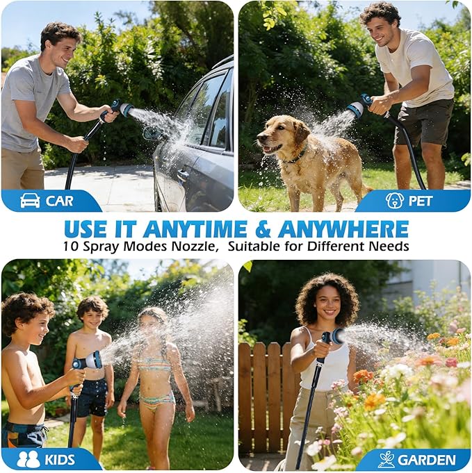 Non-Expanding Garden Hose 100FT 10-Pattern Nozzle, Lightweight Flexible Water Hose Kink-Resistant, Brass 3/4'' Fittings & Sealing Washers, for Yard Lawn Garden Car Wash Pet Bathing