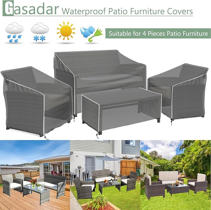 Gasadar Patio Furniture Covers Set, 4 Piece Waterproof Outdoor Furniture Cover for Outdoor Coffee Table, Chair, and Loveseat, Heavy Duty 600D, Black