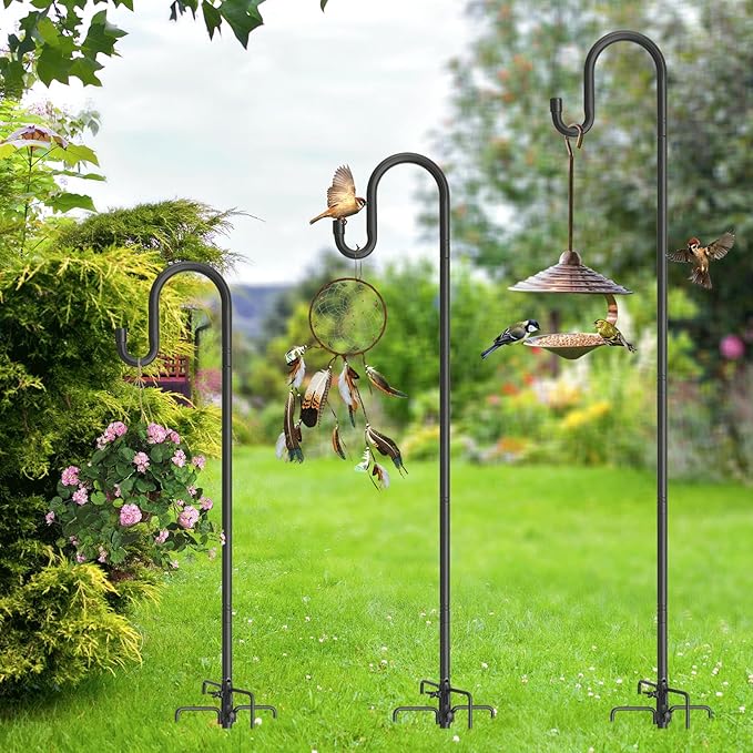 Hummingbird Feeder Stand Pole -92" Tall Shepherds Hooks,Heavy Duty Bird Feeder Holder for Birdfeeder,String Light, Wind Chime, Rustproof Shepards Hook for Outdoor Garden Decor Hangers,Black