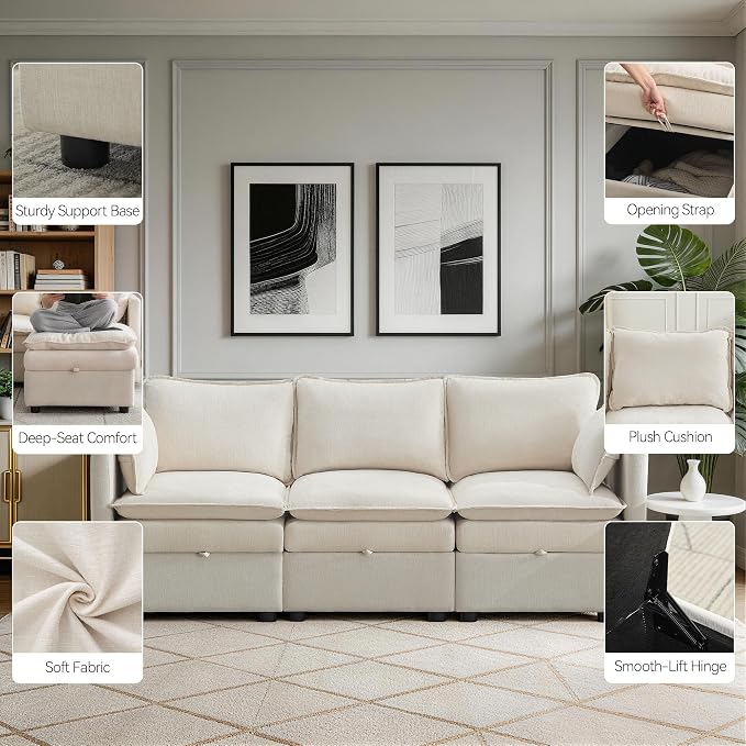 80" Storage Modular Sectional Couch, Cloud Deep Seat 3-Seater Sofa with Chenille Upholstery, Comfy Modern Cloud Couches with Hidden Storage for Living Room, Apartment, Spacious Beige