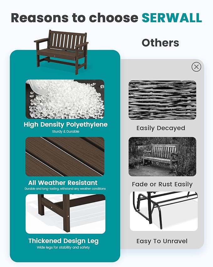 SERWALL Outdoor Bench, HDPE Outdoor Benches Weatherproof, 2-Person Garden Bench with 660 lbs Weight Capacity, Patio Benches for Outdoors, Garden, Porch, Backyard and Park, Coffee