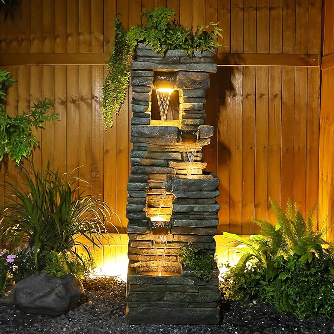 Tankana 60 inches Large Outdoor Water Fountain Waterfall β Garden Rock Fountains 4-Tiered Waterfalls Outdoor with Lights Natural Stone Look Hollow Fountain for Patio Pool Porch Backyard, Stone Gray