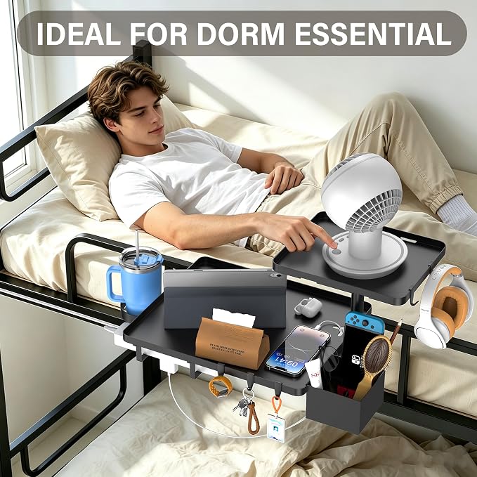 Bedside Shelf Metal Shelf for Dorm Room Clip On (Black) | 2-Tire Fan Shelf College Dorm Room Essentials, Bunk Bed Space Saving Nightstand For Loft Beds With Removable Cup & Holder