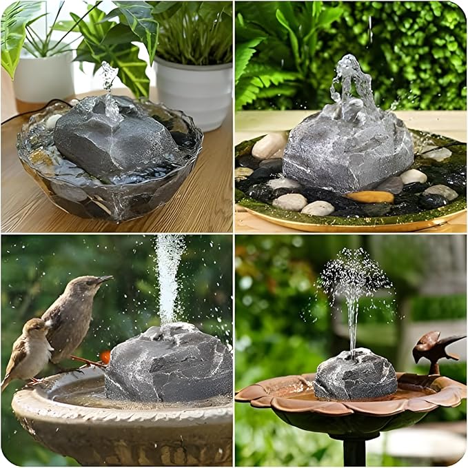 Solar Fountain Bird Bath with Solar Panel, Rockery Granite Water with 5 Nozzles Solar Water Fountain for Birdbath Outdoor, Pond, Patio Garden, and Fish Tank