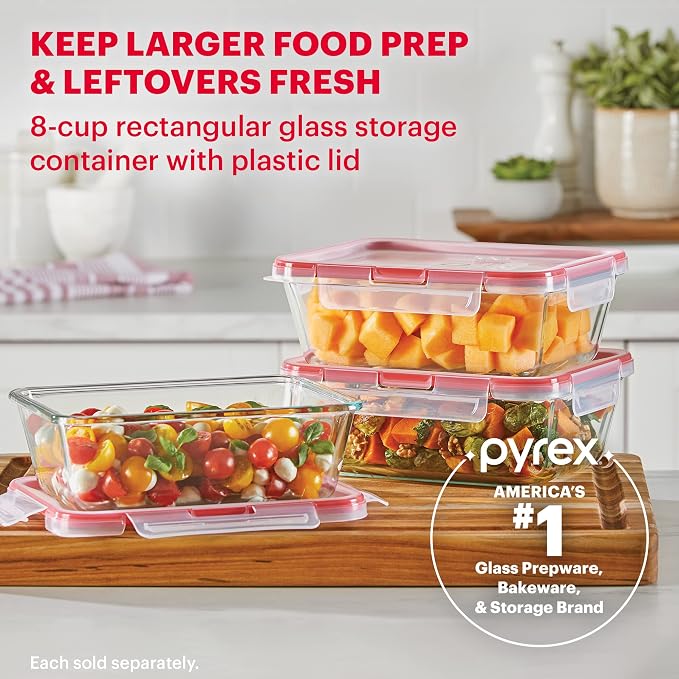 Pyrex Freshlock Glass Food Storage Container, Airtight & Leakproof Locking Lids, Freezer Dishwasher Microwave Safe, 8 Cup (Pack of 2)