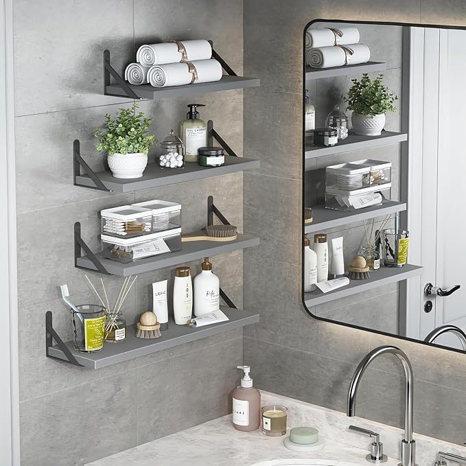 YGEOMER 4 Different Sizes Floating Shelves for Wall Home Decor, Grey | Rustic wood shelves in mixed sizes for flexible combined storage. Fits bathroom, kitchen, living room, bedroom and office.