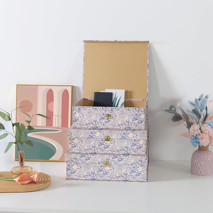 Soul & Lane - Blue Floral Storage Boxes with Gold Hardware, Set of 3 | Keepsake Trunk Style Storage Boxes with Lids for Home Decor and Organizing, Cute White Vintage Wedding Memory Chests