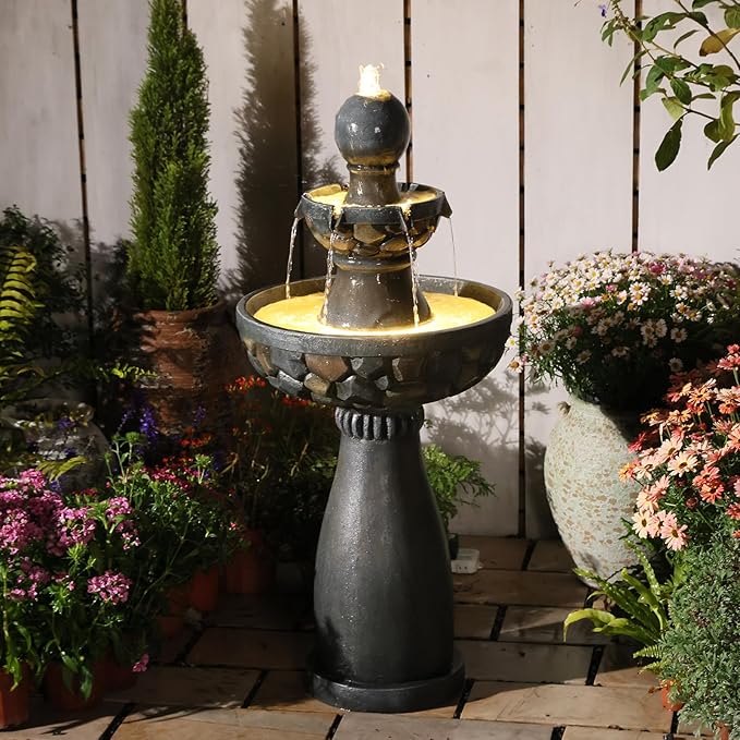 Sunlinua 46.5H 3-Tier Outdoor Water Fountain with LED Lights Italian Resin Garden Fountain for Patio Garden Weather-Resistant Cascading Waterfall Feature with Quiet Pump Elegant Décor Black Gray