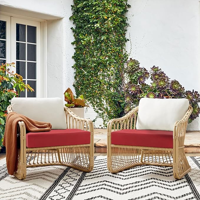 Topotdor Outdoor Chair Cushions for Patio Furniture,Waterproof Patio Chair Cushions Set of 2,Indoor/Outdoor Round Corner Chair Seat Cushion with Ties,17"x16"x2" Red