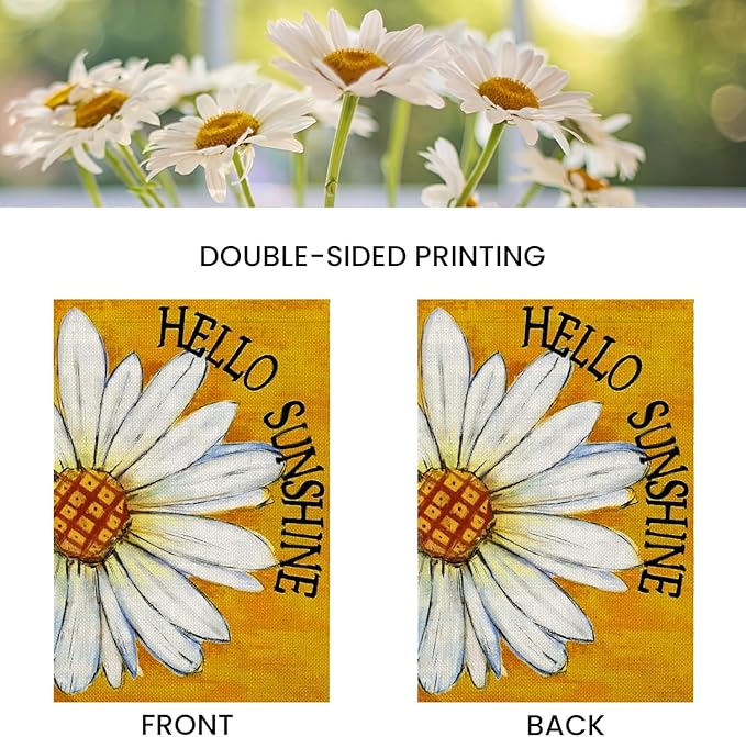 Spring Summer Garden Flags 12x18 Double Sided Outside, Hello Sunshine Daisy Floral Seasonal Decorations Vertical Burlap Yard Flag
