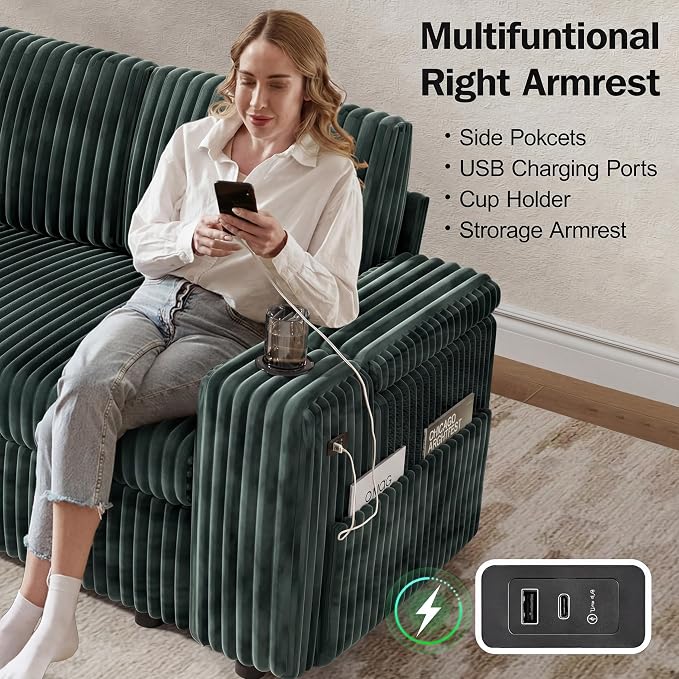 Vipbear 108" Modular Sectional Sleeper Sofa with Pull Out Bed, 4 Seat Plush Corduroy U Shaped Couch with USB Ports|Cup Holders|Side Table|Storage Chaise Armrests, Tool Free Assembly, Green