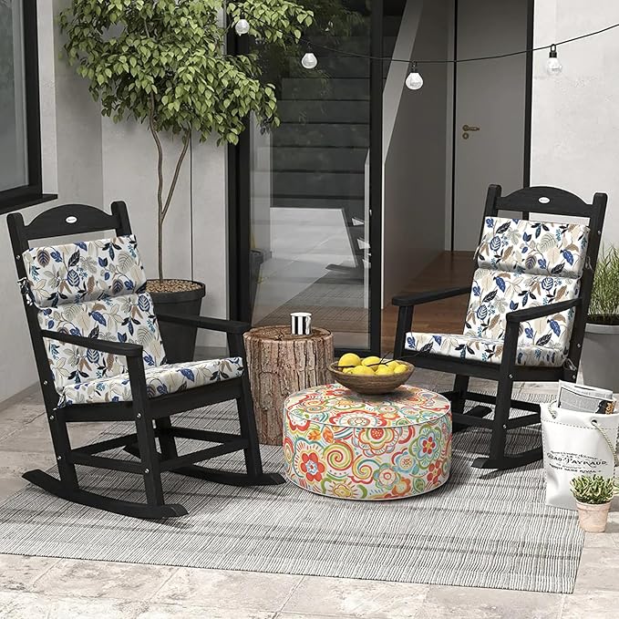 DYTXIII Outdoor High Back Chair Cushions Set of 2, 44"x22" Water Repellent Patio Seat Cushions with Elastic Sponge, All Weather Chair Pads for Rocking, Dining Chairs, Patio Furniture - Leaves Beige