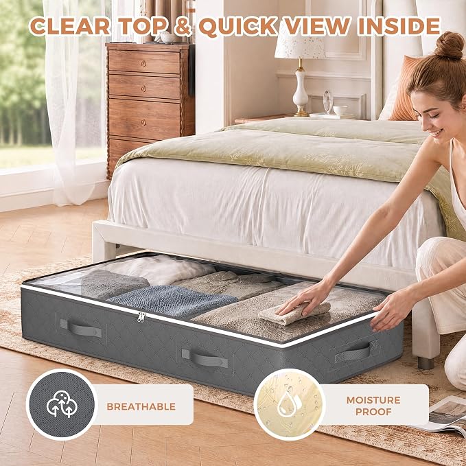 Budding Joy Under Bed Storage Containers, Storage Bins with Clear Lids | Underbed Storage Bags for Blankets, Towels, Comforter, Sweaters, Linen Sheets, Wrapping Paper