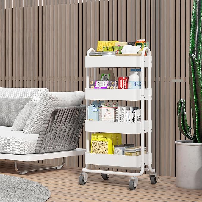 4 Tier Metal Rolling Cart with Wheels,4 Tier Utility Cart with Wheels for Office,Home,Kitchen,Garden๏ผ13.4"x18.1"x40"๏ผ White