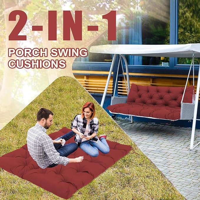 Premium 5" Thick Waterproof Porch Swing Cushions Sturdy Durable 2 Seat Replacement Outdoor Swing Cushions with Backrest&Ties Bench Cushion for Outdoor Furniture Backyard Patio Garden(Wine Red)