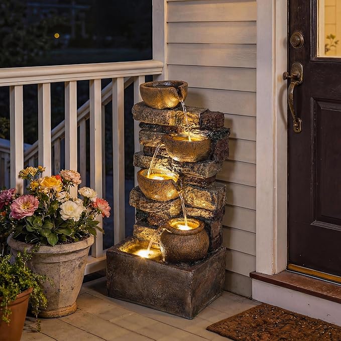 Outsunny 28" Outdoor Fountain with 5-Tier Rustic Jugs and Rock, Cascading Waterfall with LED Lights, Adjustable Flow, Resin Freestanding Garden Fountain for Garden Patio, Rustic Brown