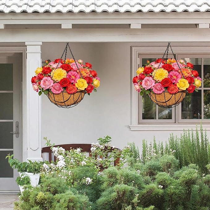 2 Pack 12 Inch Metal Outdoor Hanging Baskets Black Heavy Duty Hanging Planters with Coco Liners for Indoor Outdoor Plants Gardens Patios Terraces(Earth)