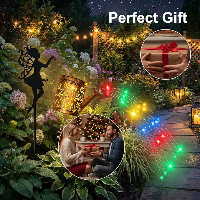Solar Watering Can with Cascading Lights Outdoor Garden Decor,Waterproof Solar Lantern with Fairy Shepherd Hook,Solar Fairy Lights Outdoor Decoration,Unique Garden Gifts for Women, Flow RGB