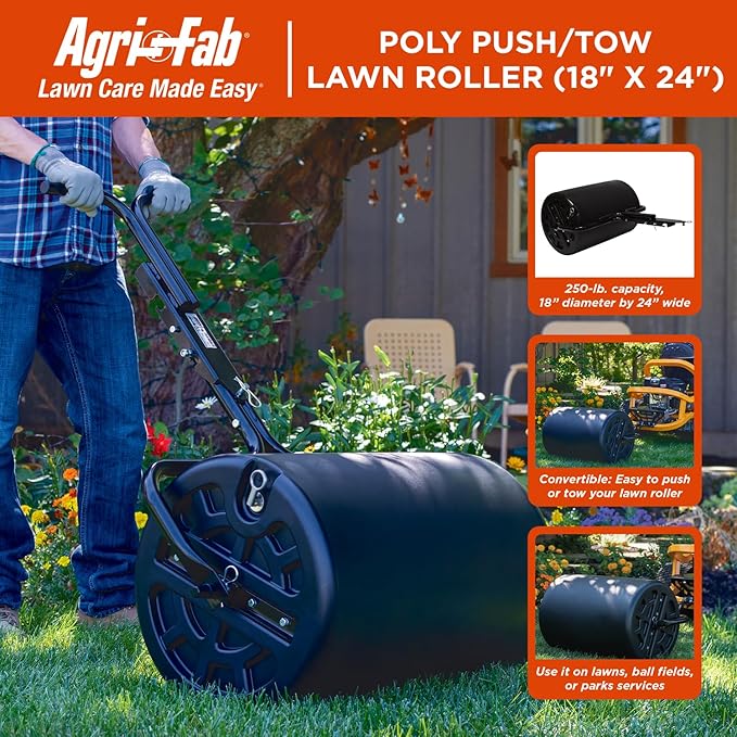 Agri-Fab 45-0610 18" x 24" Tow Behind Poly Lawn Roller 250 lbs Weight with Water, Poly Drum and Steel Frame, with Plug. Designed for Lawn and Garden Tractors